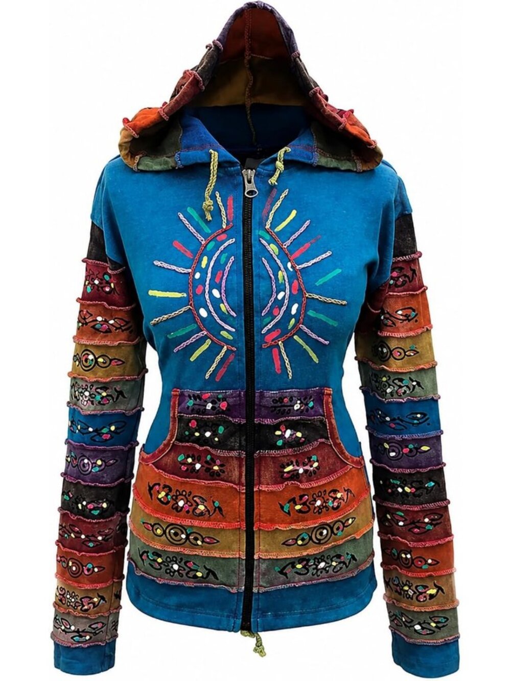 Gothic Sun Patchwork Full Sleeve Pixie Cotton Hippy Rib Hoodie for Women